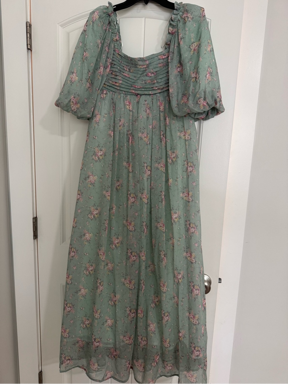 Sage Green Floral Puff Sleeve Maxi Dress
